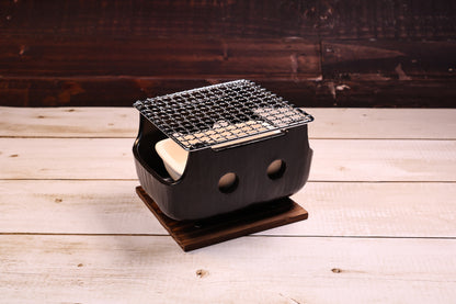 Misuzu Pottery Banko Yaki Konro Grill Small — slight angle view showing grate, ash catcher, and ceramic profile