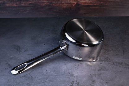 Mt. Fuji Steel Clad Yukihira saucepan 16cm exterior showing brushed stainless clad bottom and long handle