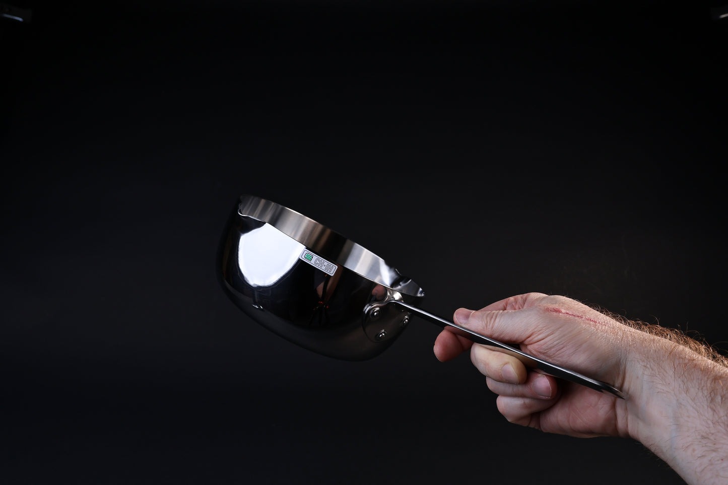 Mt. Fuji Steel Clad Yukihira saucepan 16cm angled view showing interior, loop handle, and brand label