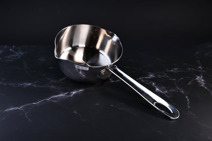 Mt. Fuji Steel Clad Yukihira saucepan 16cm showing polished stainless interior and dual pour spouts