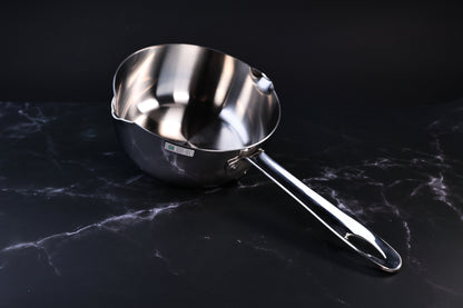 Mt. Fuji Steel Clad Yukihira saucepan 18cm on black marble showing full profile, handle, and pour spouts