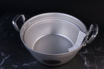 Mystar Hokuriku Dantsuki pot 30cm angled view showing chrome handle attachment and hammered texture