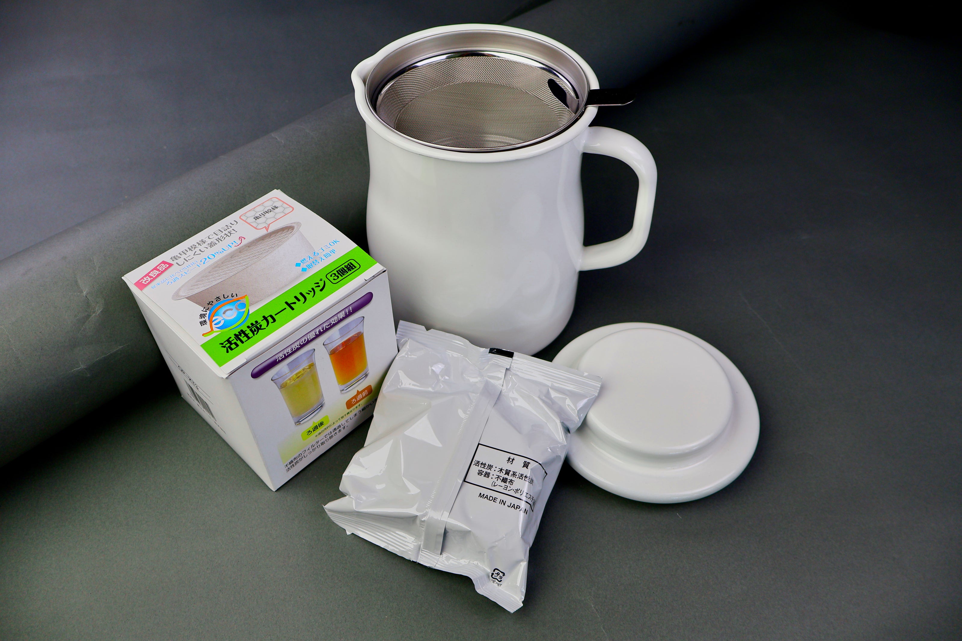 white box with green blue orange colored box with replacement fry oil filters for noda horo oil storage vessel