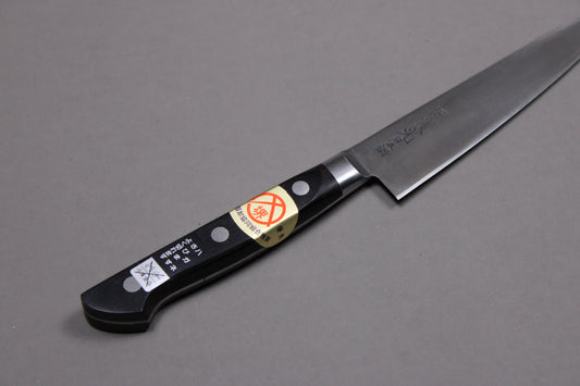 top view petty pakka wood handle and choil of knife