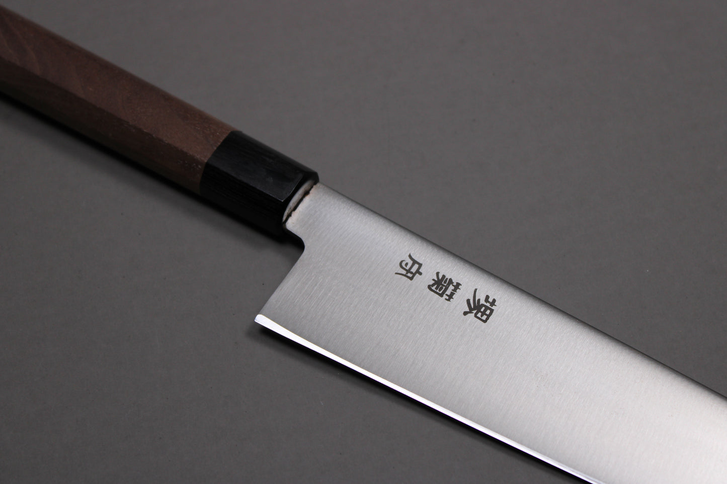 closeup 240mm gyuto hamono rosewood handle buffalo horn ferrule