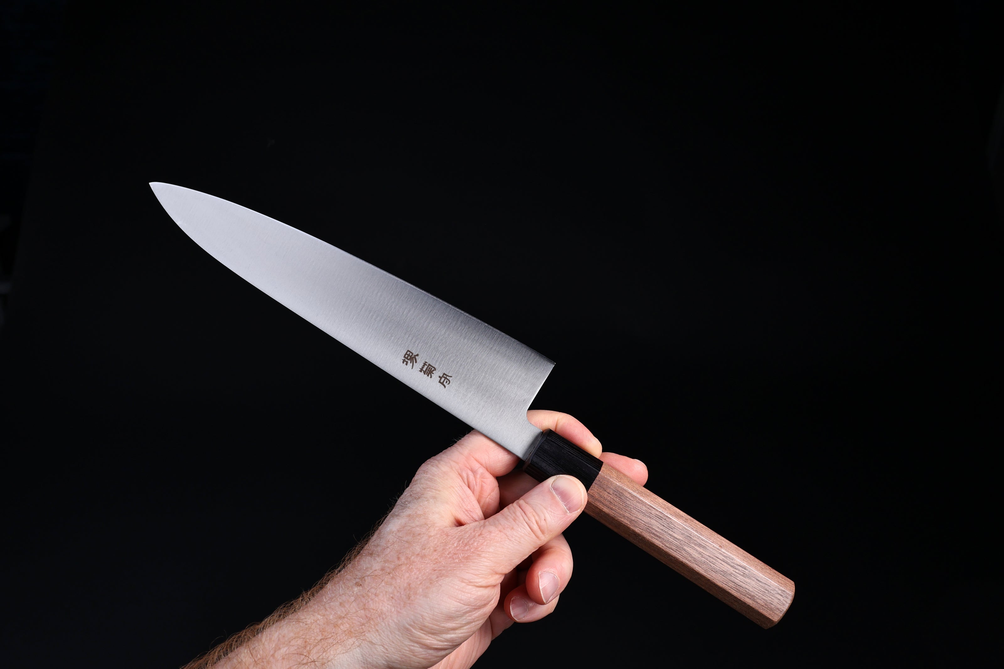 Sakai Kikumori Wasiki gyuto 210mm — held in hand, spine side showing full blade profile and walnut handle