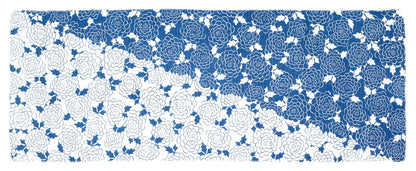 Sarashi tenugui Meiji Rimpa — blue and white chrysanthemum pattern, full towel flat lay
