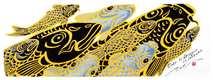 Sarashi tenugui koinobori — black and yellow carp print, "Carp is Dragon in Heaven" text visible