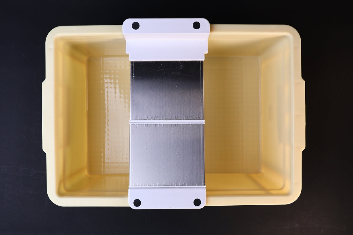 Sharpening station kit tall — top-down view of stone holder installed in deep soaking tray