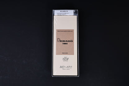 Suehiro Debado MD-400 #4000 sharpening stone — inner box front showing Debado branding and Made in Japan label