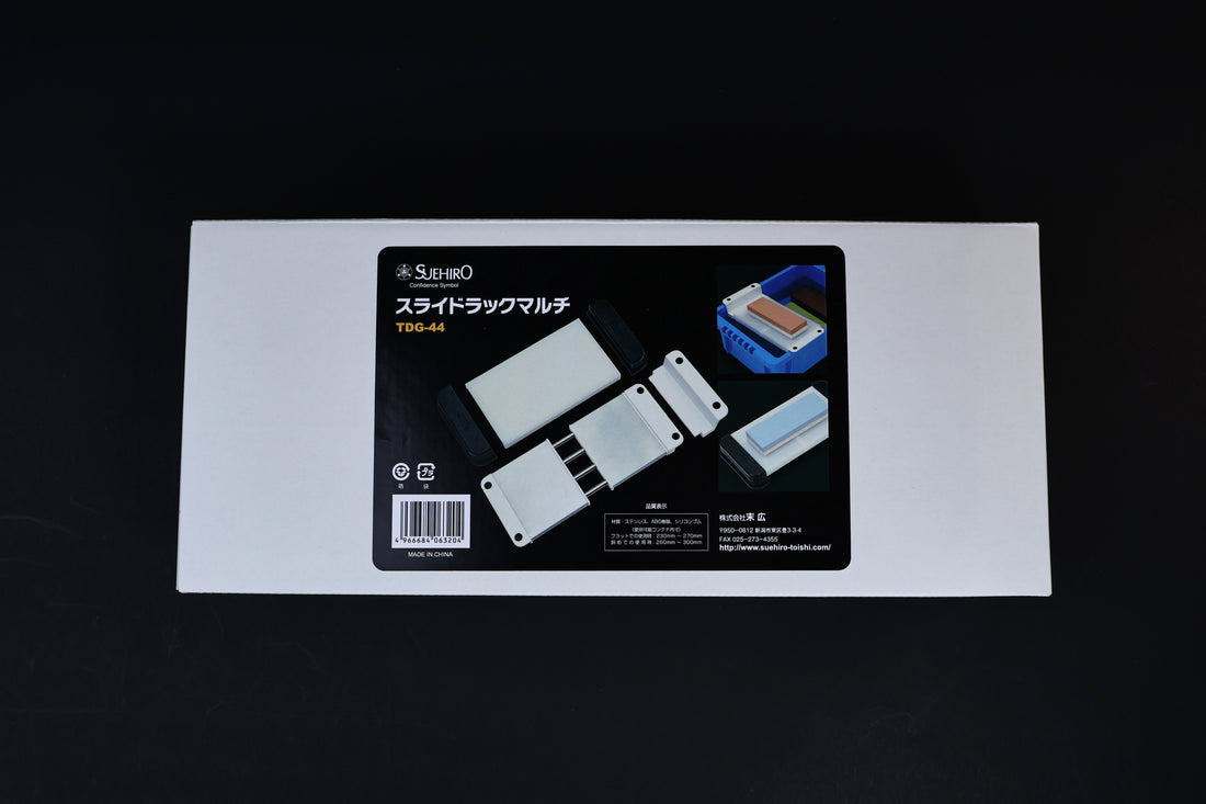 Suehiro multi sliding rack stone holder TDG-44 — front packaging label showing product diagram and specifications