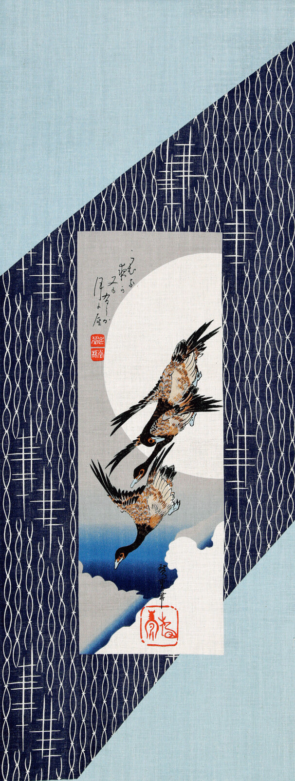 Tenugui towel Edo Moon Geese — full flat lay showing Hiroshige geese and moon print on indigo cottonfull length kitchen towel geese moon kanji various colors