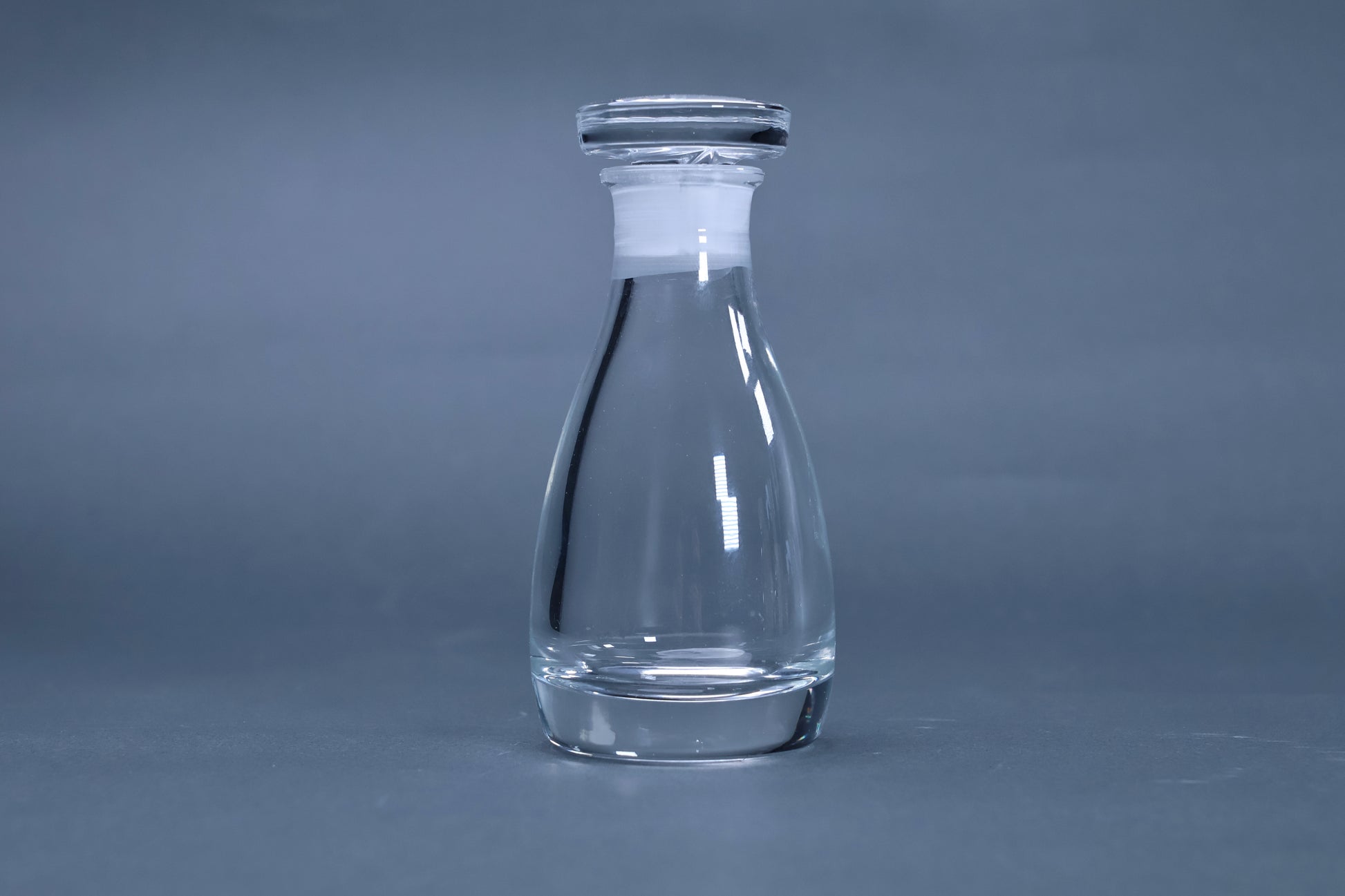 THE soy sauce cruet crystal glass full profile view with stopper on grey background