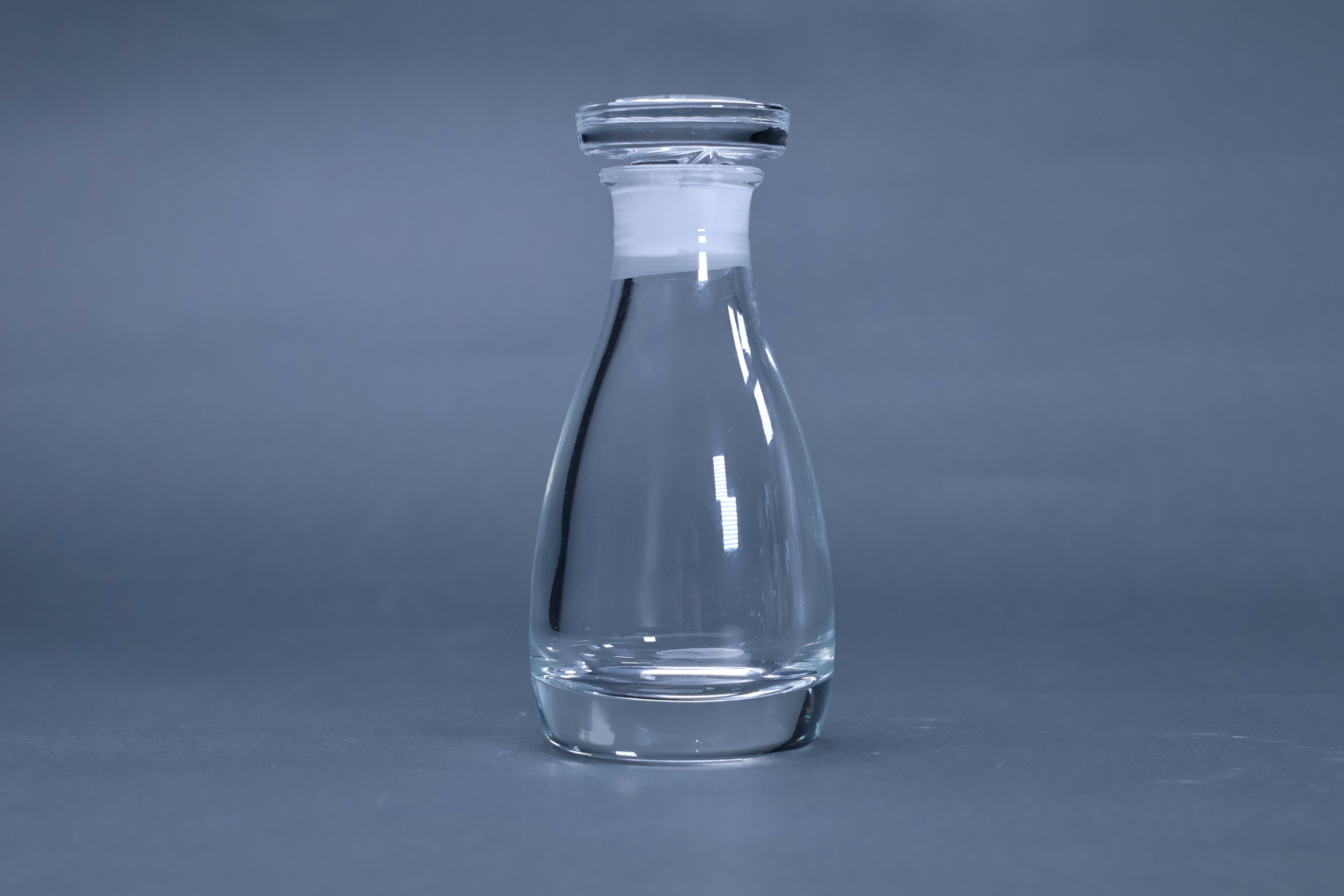 THE soy sauce cruet crystal glass full profile view with stopper on grey background