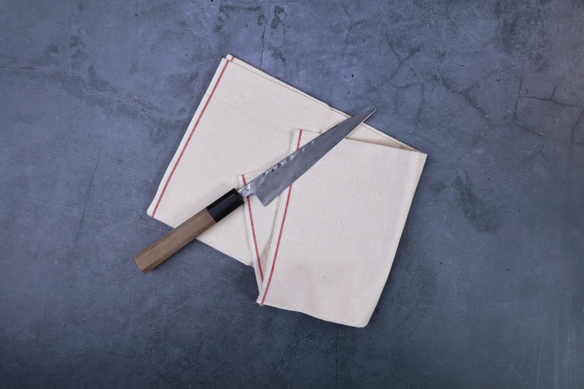 Unbleached cotton cloth pack of 3 — single cloth unfolded with Japanese knife laid across