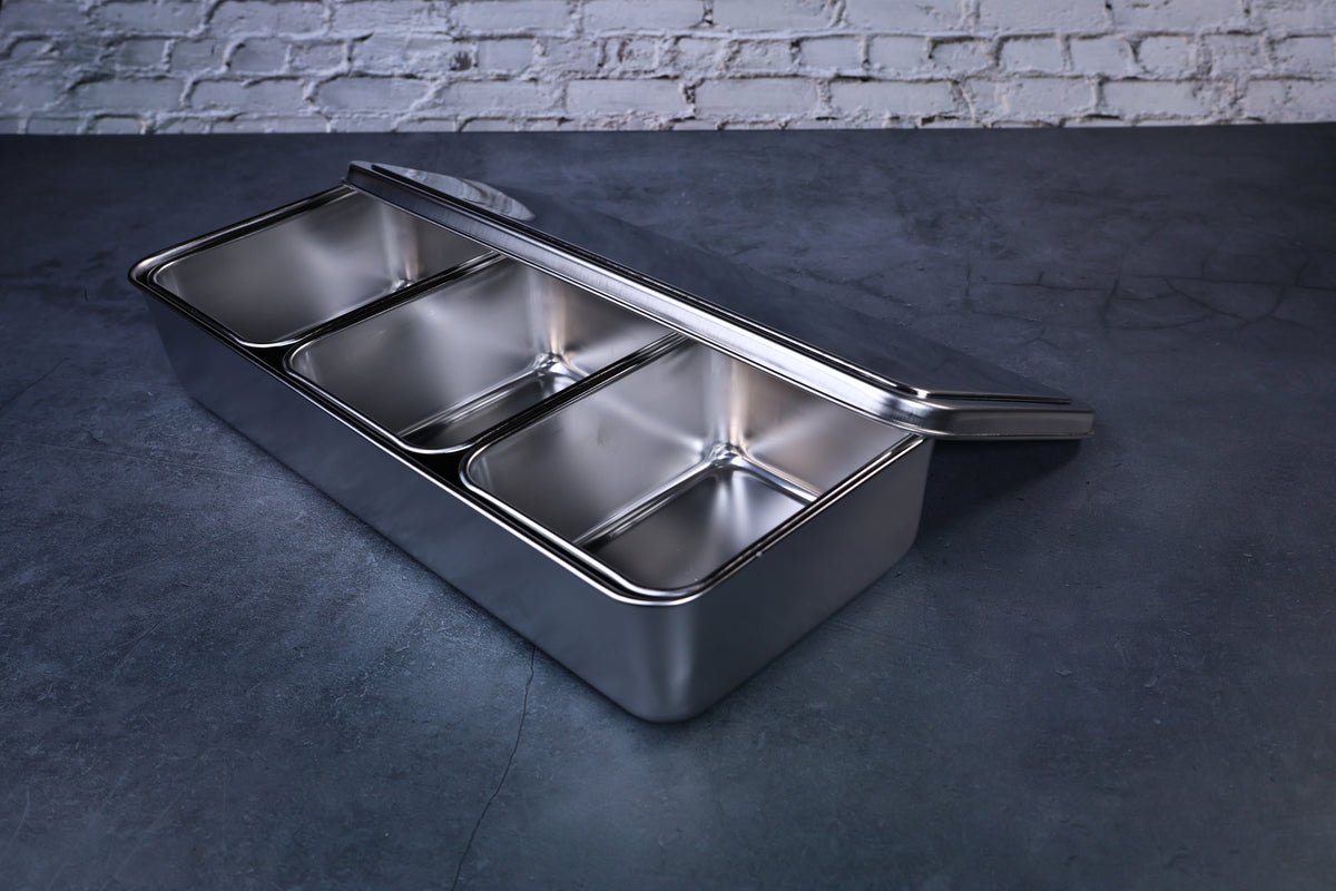 Yakumi 3-compartment condiment pan — angled view showing open lid and compartment detail