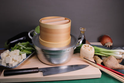 hinoki wood tofu maker two handed aluminum dantsuki pot on cutting board with japanese knife chopstick and vegetables 