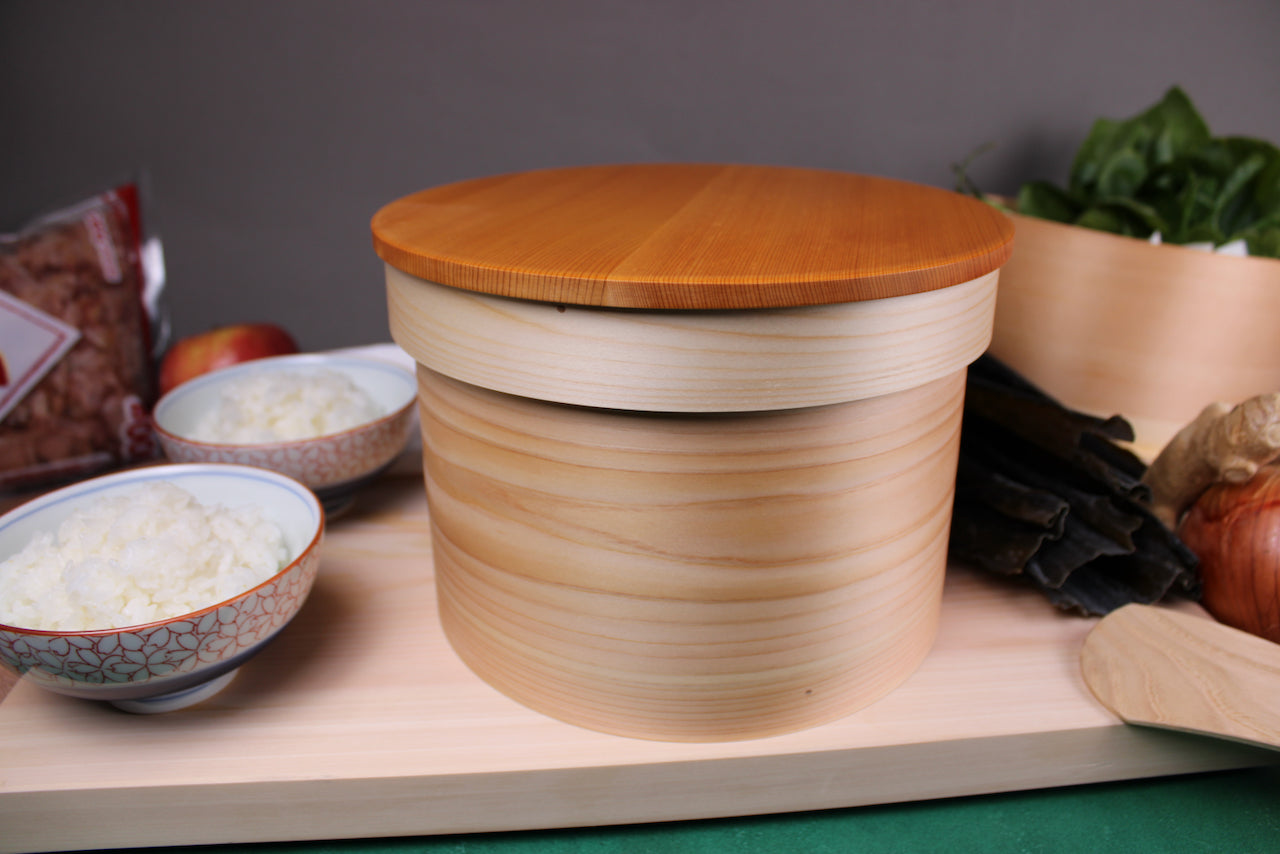 hinoki wappa ohitsu bent wood artisan rice tub 2 bowls prepared rice beside japanese kitchenware 