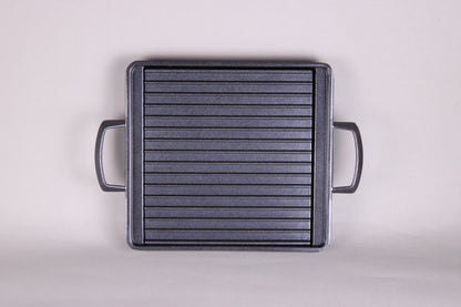Yamacoh square grill — overhead view showing full ridged non-stick cooking surface and dual handles