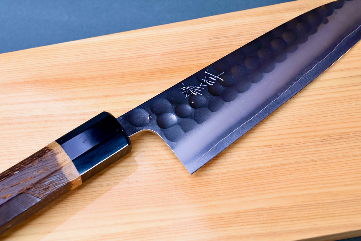 Yoshikane SKD Tsuchime Nakiri 165mm heel and handle junction on hinoki board showing kanji and buffalo horn collar