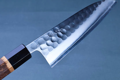  Yoshikane SKD Tsuchime Santoku 165mm close-up of hammered tsuchime finish and kanji engraving on blade