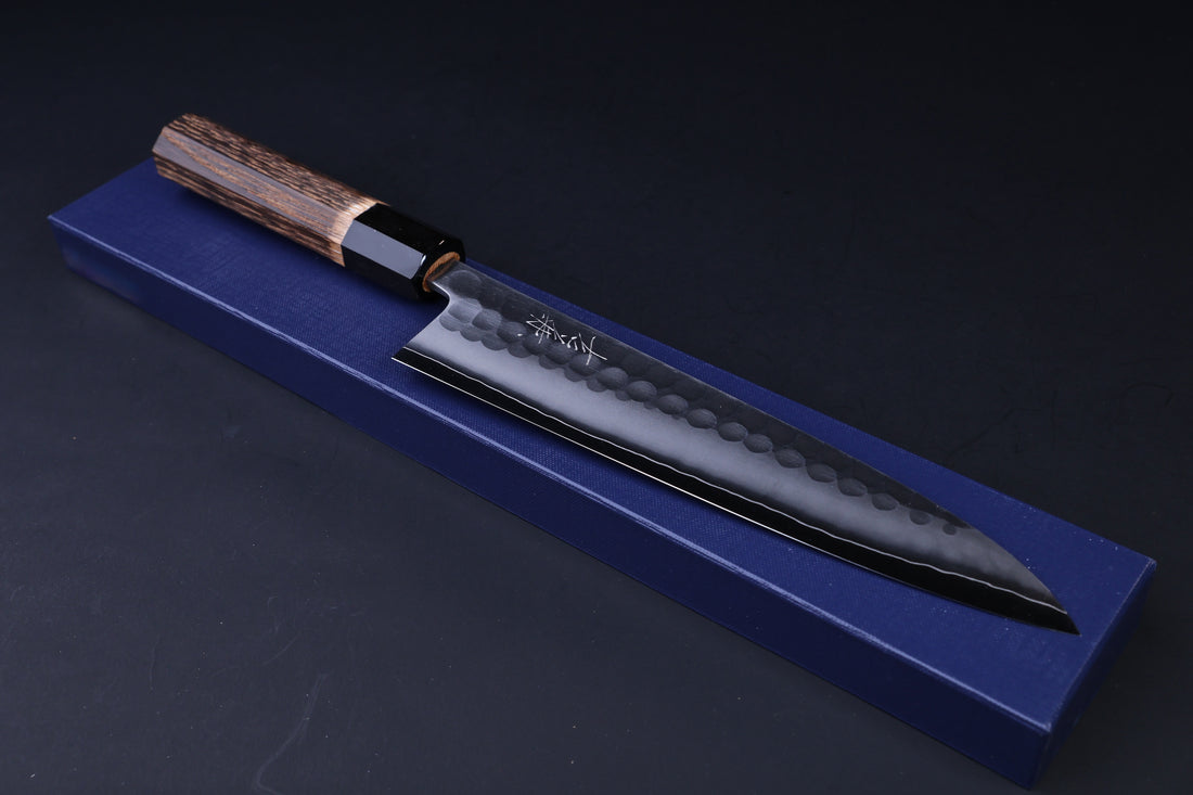 Yoshikane SKD Tsuchime Gyuto 210mm presented in blue gift box with fitted insert