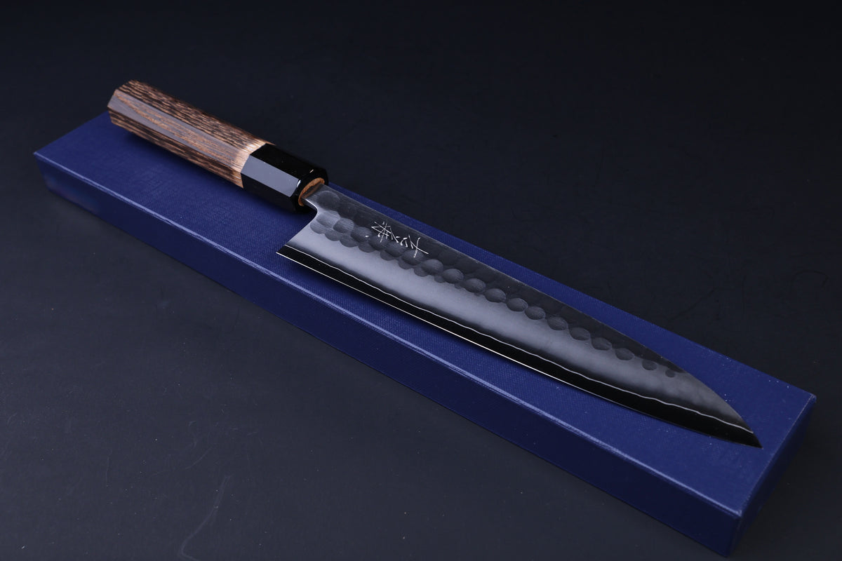 Yoshikane SKD Tsuchime Gyuto 210mm presented in blue gift box with fitted insert