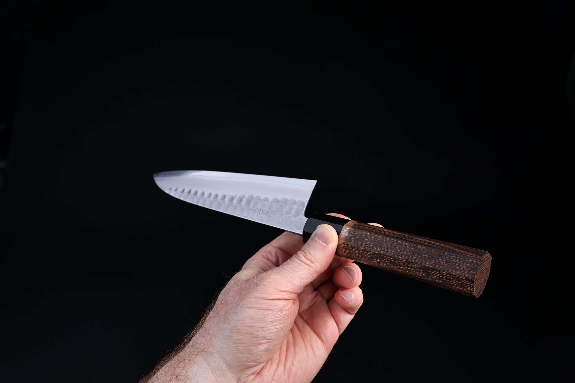 Yoshikane SKD Gyuto 210mm kuro-uchi blade finish with maker's kanji stamp