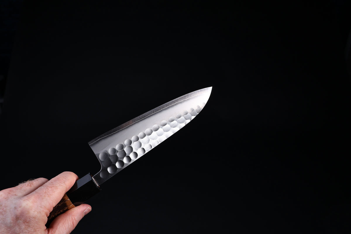 Yoshikane SKD Santoku 165mm blade profile showing tsuchime finish and polished edge