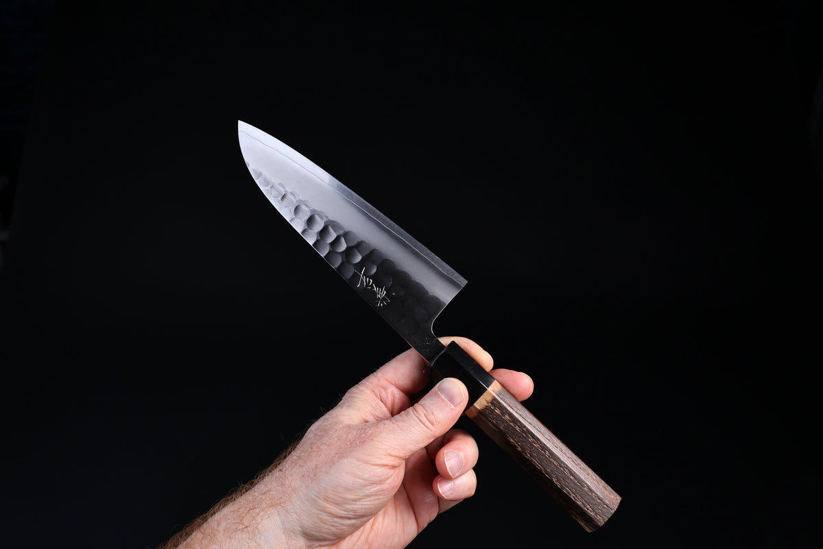 Yoshikane SKD Santoku 165mm Japanese santoku knife in hand showing full blade profile