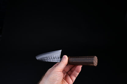 Yoshikane SKD Santoku 165mm kuro-uchi blade finish with maker's kanji stamp