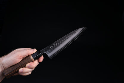 Yoshikane SKD Tsuchime Gyuto 210mm with kuro-uchi finish and maker's kanji on blade