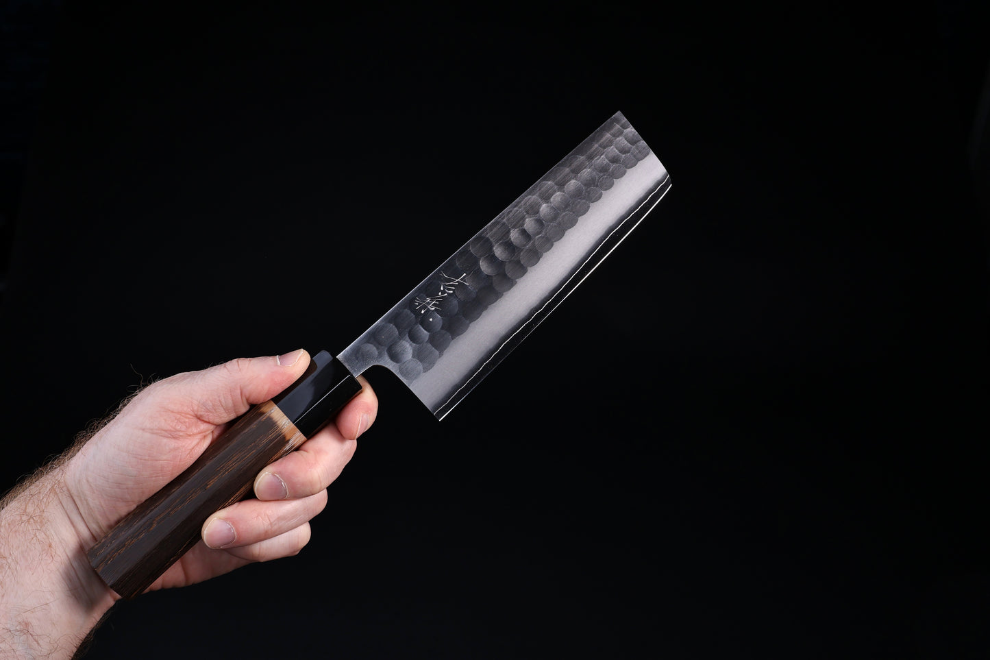Yoshikane SKD Tsuchime Nakiri 165mm with kuro-uchi finish and maker's kanji on blade face