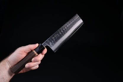 Yoshikane SKD Tsuchime Nakiri 165mm with kuro-uchi finish and maker's kanji on blade face