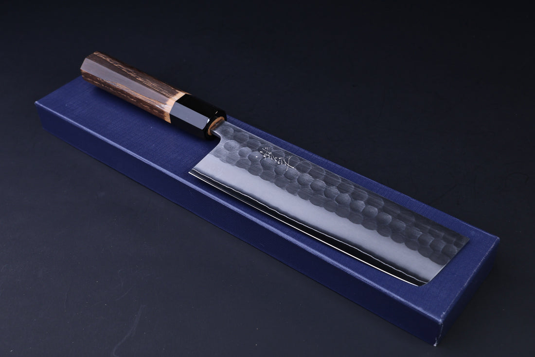 Yoshikane SKD Tsuchime Nakiri 165mm presented in blue gift box with fitted insert
