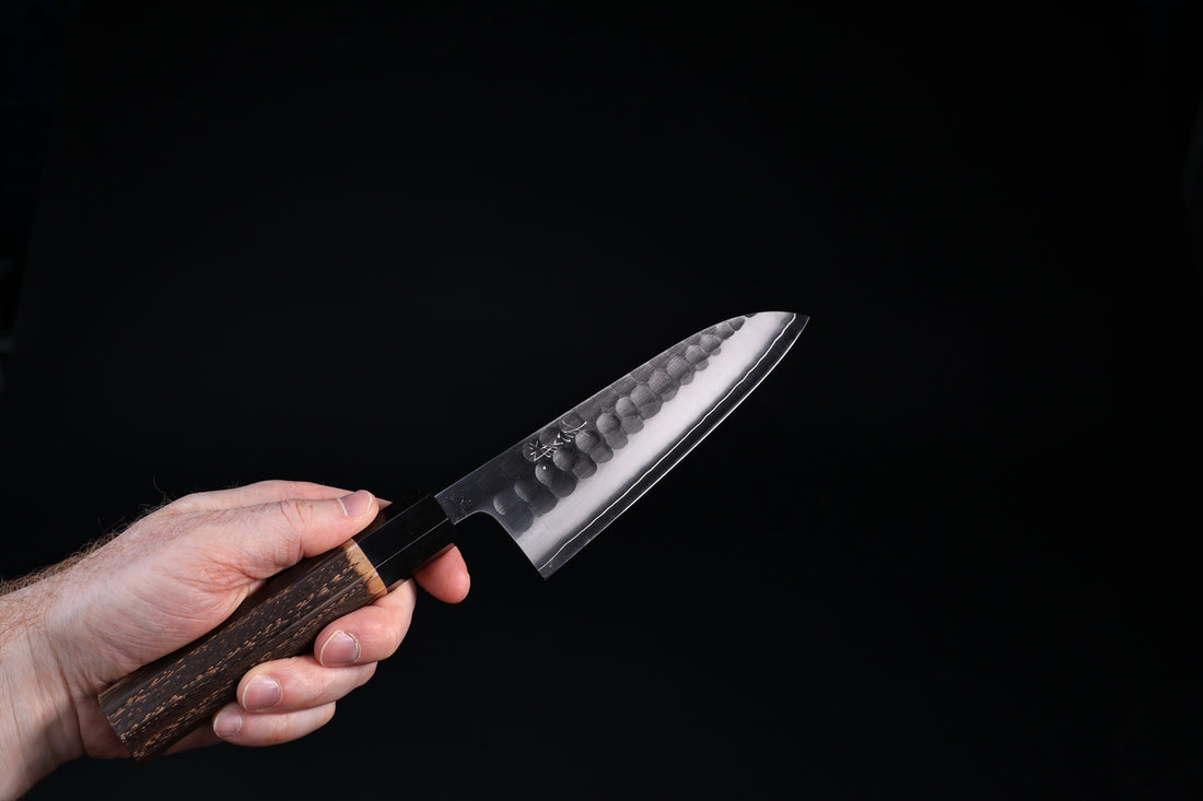 Yoshikane SKD Tsuchime Santoku 165mm with kuro-uchi finish and maker&