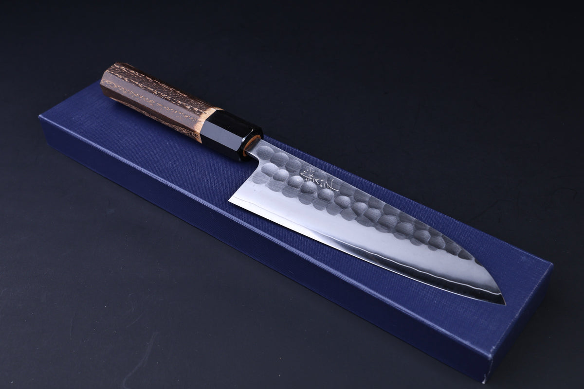 Yoshikane SKD Tsuchime Santoku 165mm presented in blue gift box with fitted insert